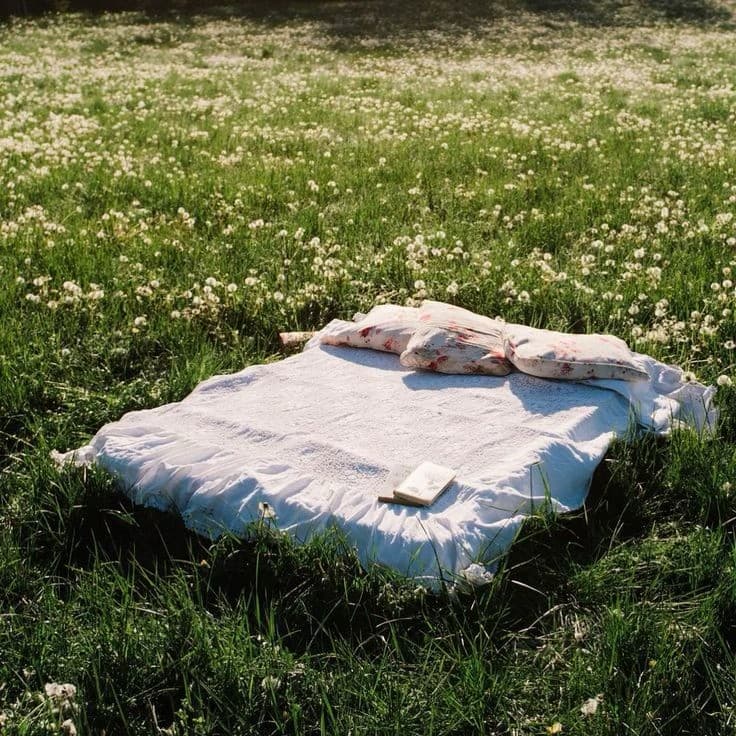 White ruffled bedding with floral pillows in a sunny field of tall grass and wildflowers.